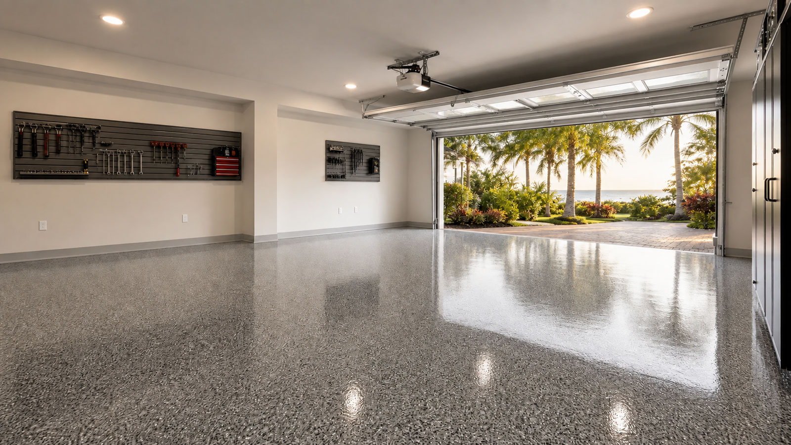 Premium residential garage with professionally coated decorative flake floor
