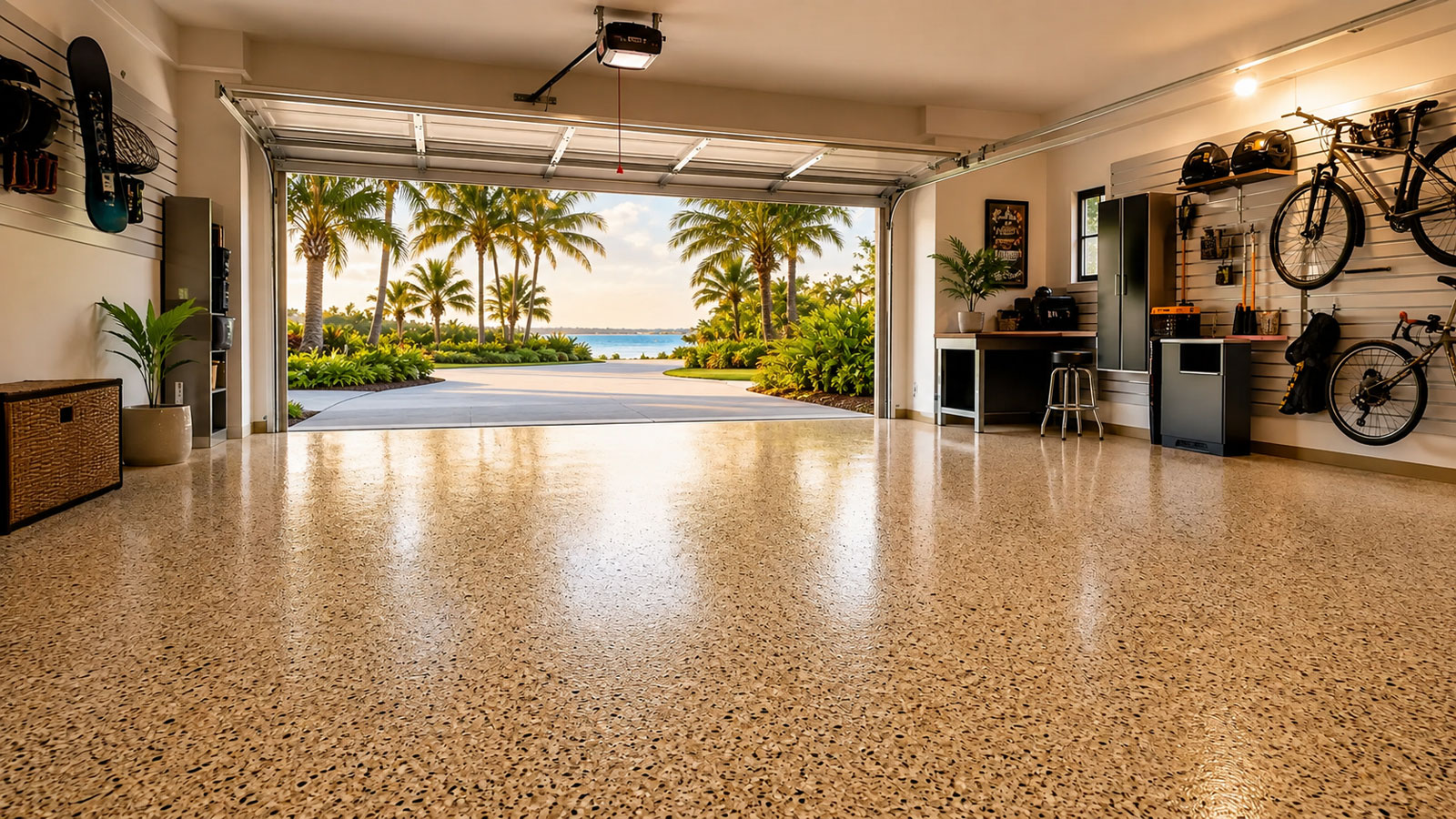 Warm, inviting residential garage with a professionally installed decorative flake floor coating